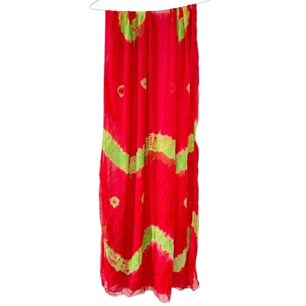 RaJ Red Green Sheer Silk‎ Tie Dye Rectangle Scarf Statement Scarf Lagenlook